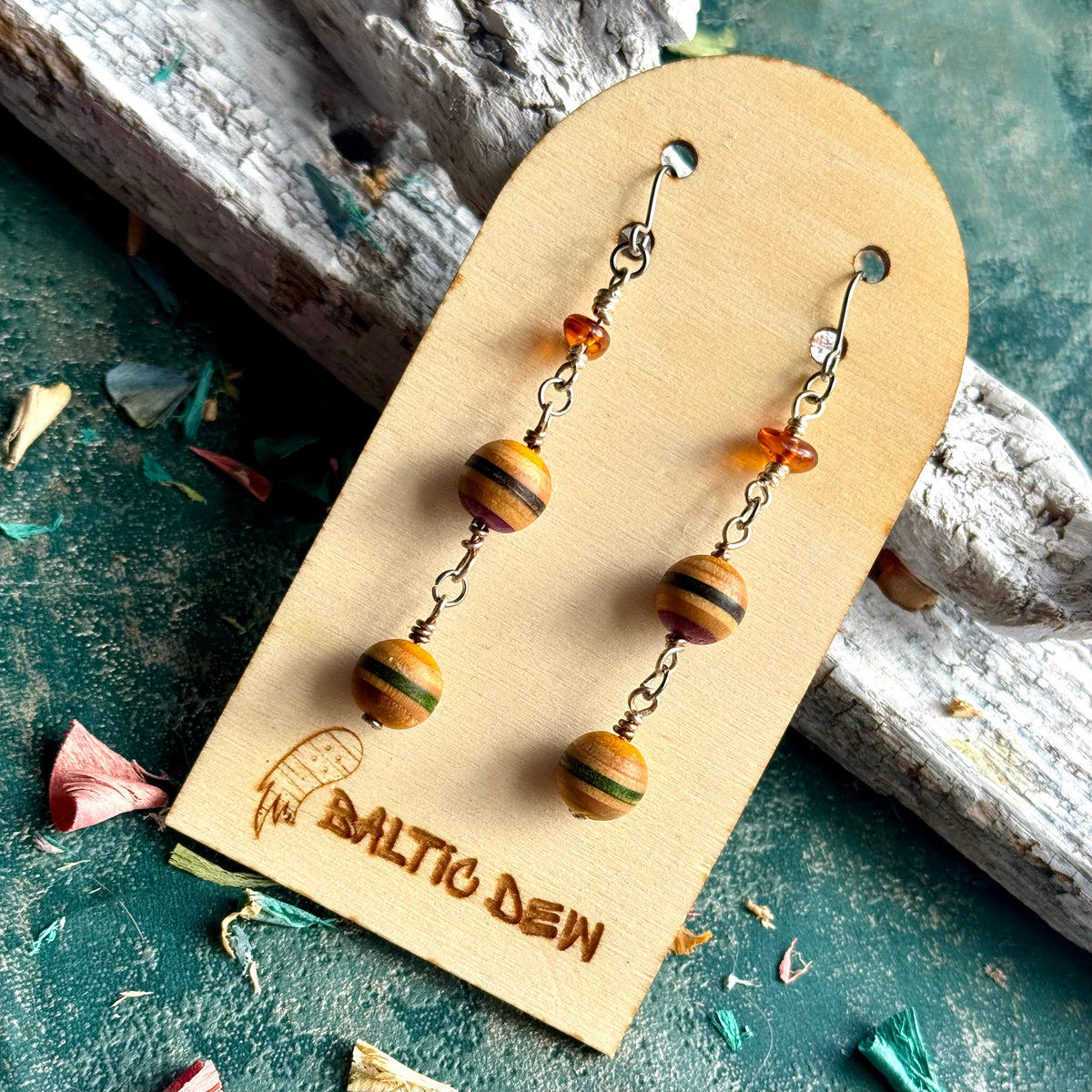 Yellow and green skateboard wood bead and amber drop earrings on surgical steel hooks, by Baltic Dew