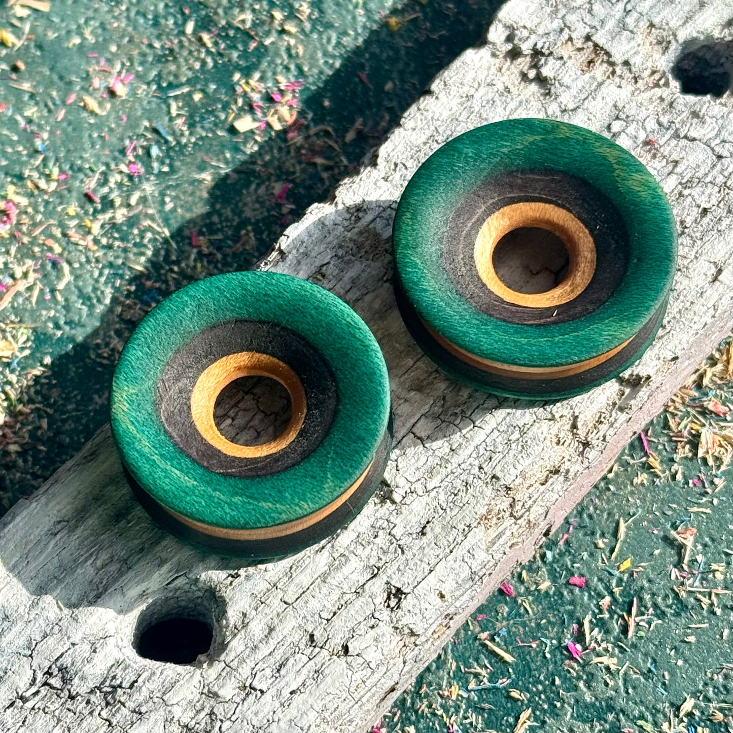 Teal and Black Concave Face Wooden Ear Tunnels