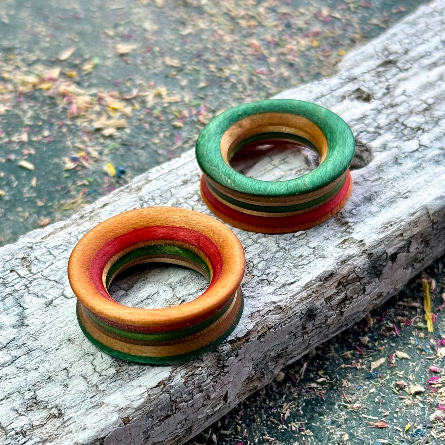 Orange and Green Double Flare Wooden Ear Tunnels