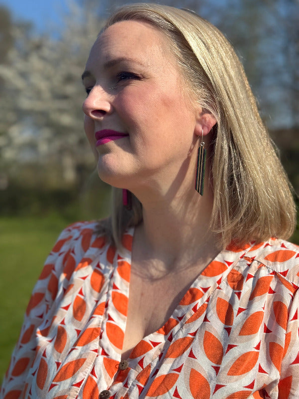 Handmade recycled skateboard Long drop earrings — Baltic Dew, made in the UK