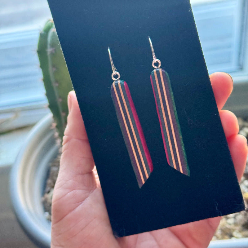 Handmade recycled skateboard Long drop earrings — Baltic Dew, made in the UK