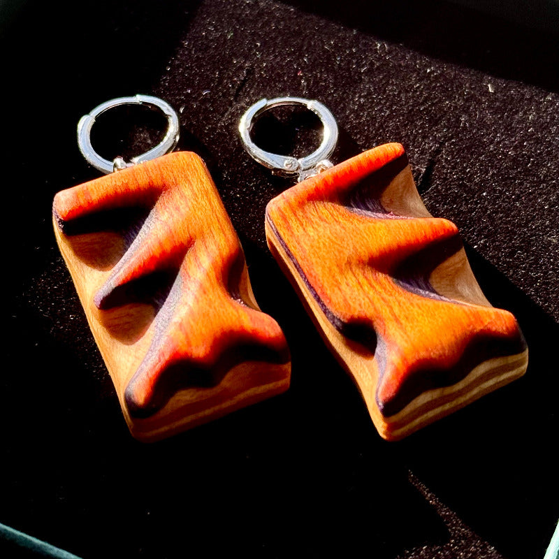 Wooden arrow shaped earrings on a dark background