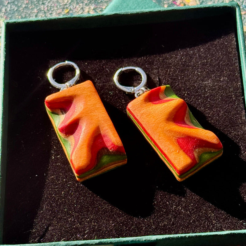 Pair of earrings with a unique design on a dark surface