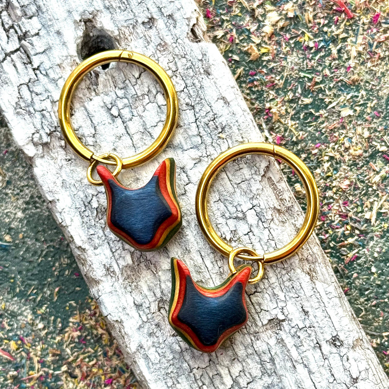 Handmade recycled skateboard Blue and Red Fox shape Hoop Earrings — Baltic Dew, made in the UK