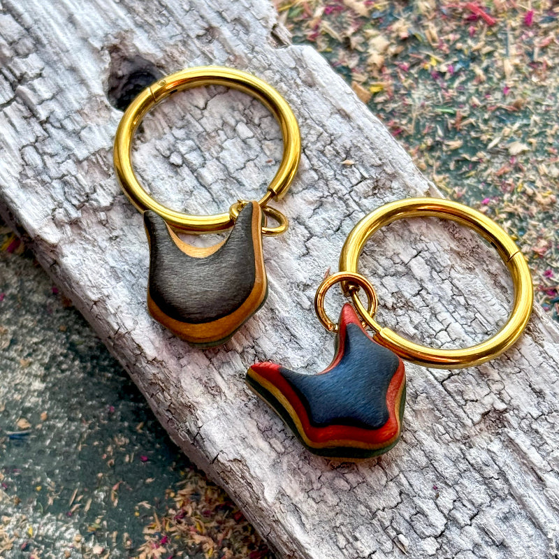 Handmade recycled skateboard Blue and Red Fox shape Hoop Earrings — Baltic Dew, made in the UK