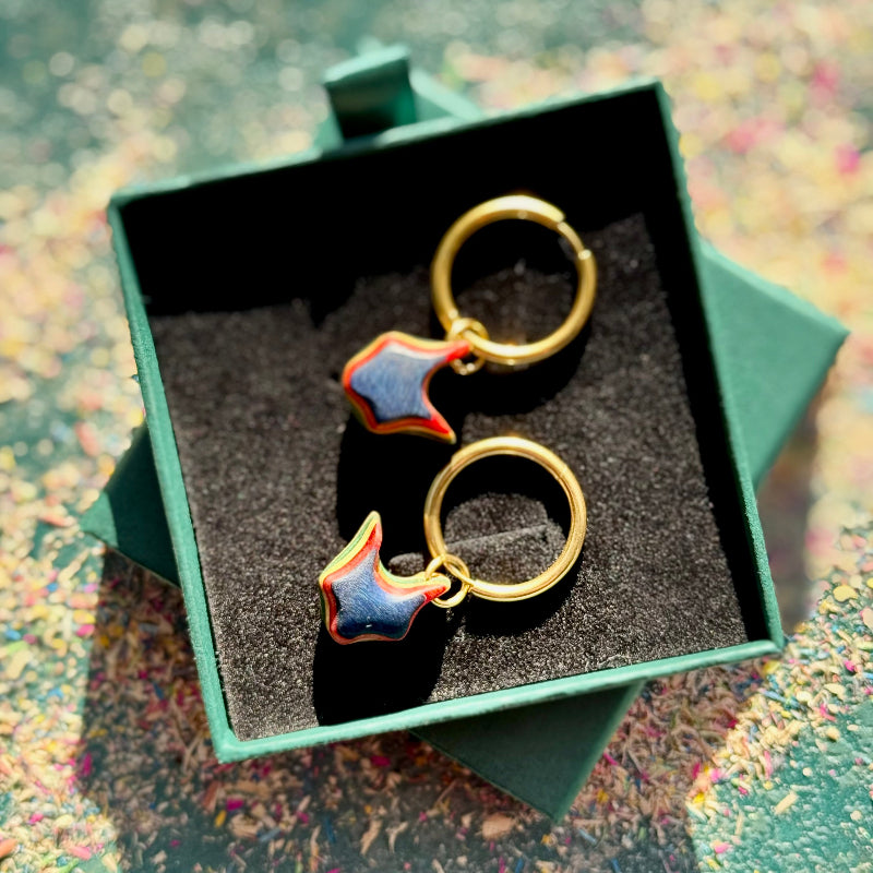 Handmade recycled skateboard Blue and Red Fox shape Hoop Earrings — Baltic Dew, made in the UK