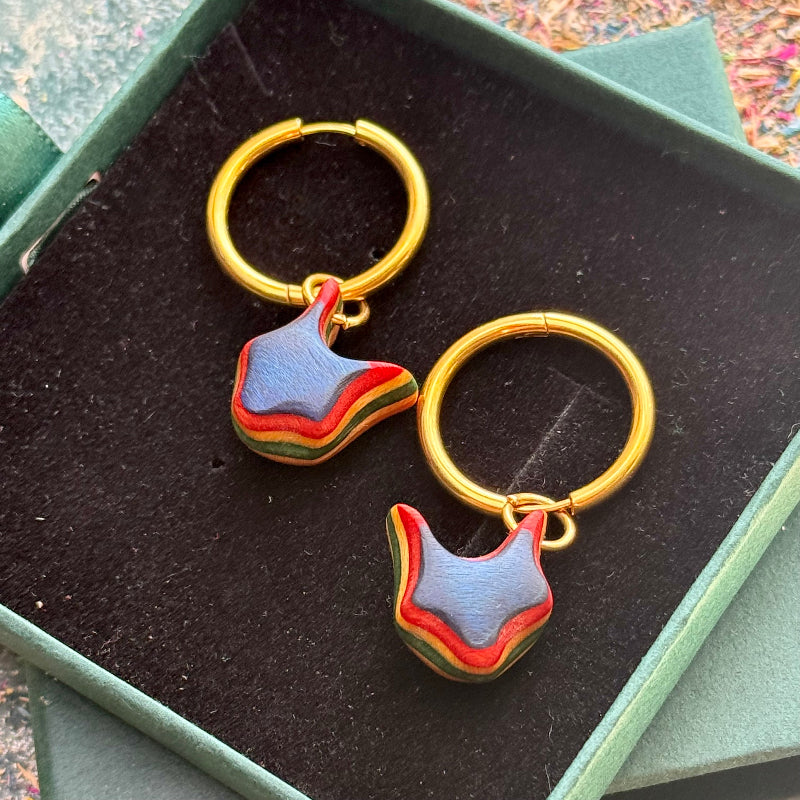 Handmade recycled skateboard Blue and Red Fox shape Hoop Earrings — Baltic Dew, made in the UK