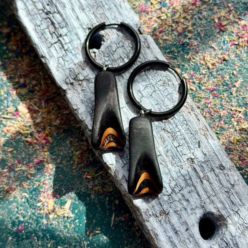 Handmade recycled skateboard Black Hoop Earrings — Baltic Dew, made in the UK