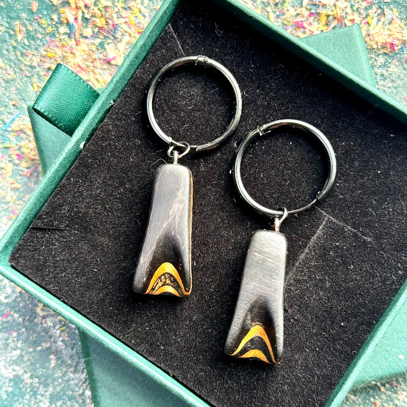 Handmade recycled skateboard Black Hoop Earrings — Baltic Dew, made in the UK