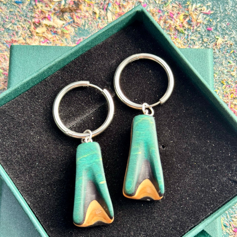 Handmade recycled skateboard Teal & Black Skateboard Hoop Earrings — Baltic Dew, made in the UK