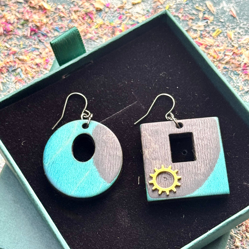 Handmade recycled skateboard Black and Teal Asymmetrical Skateboard Earrings — Baltic Dew, made in the UK