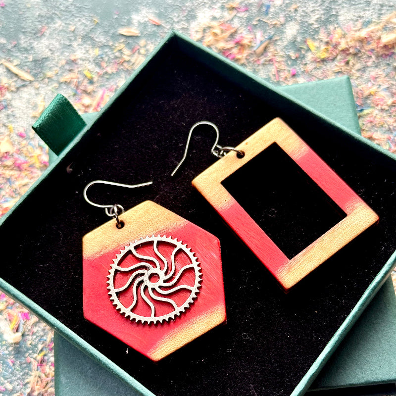 Handmade recycled skateboard Red Asymmetrical Skateboard Earrings — Baltic Dew, made in the UK