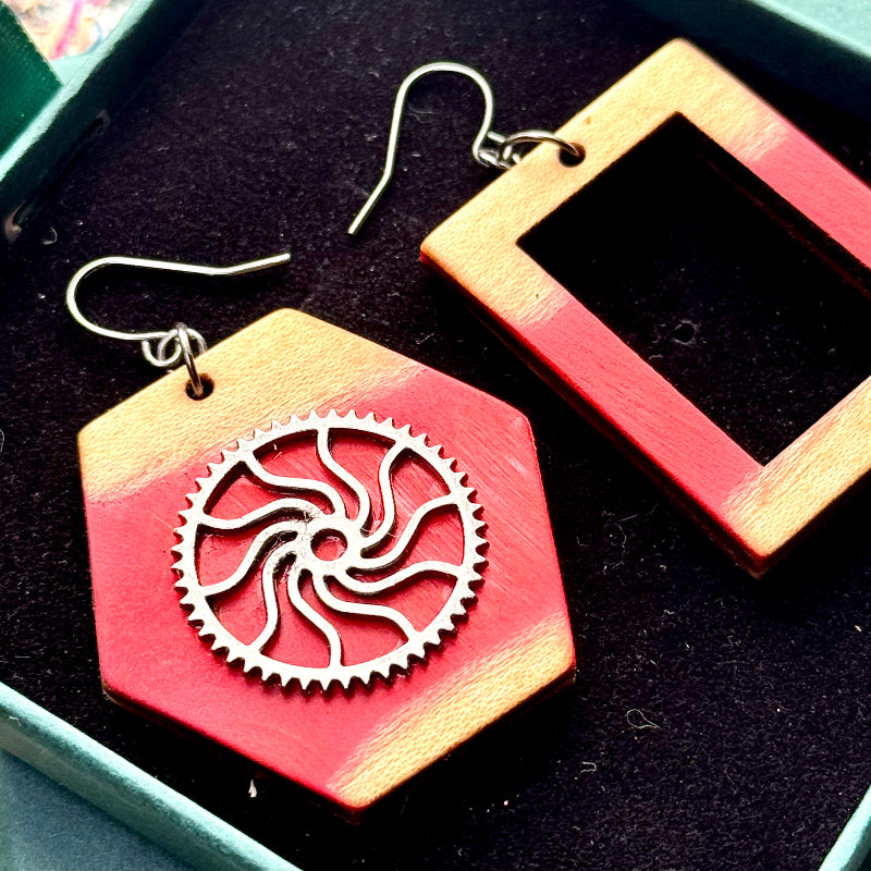 Handmade recycled skateboard Red Asymmetrical Skateboard Earrings — Baltic Dew, made in the UK