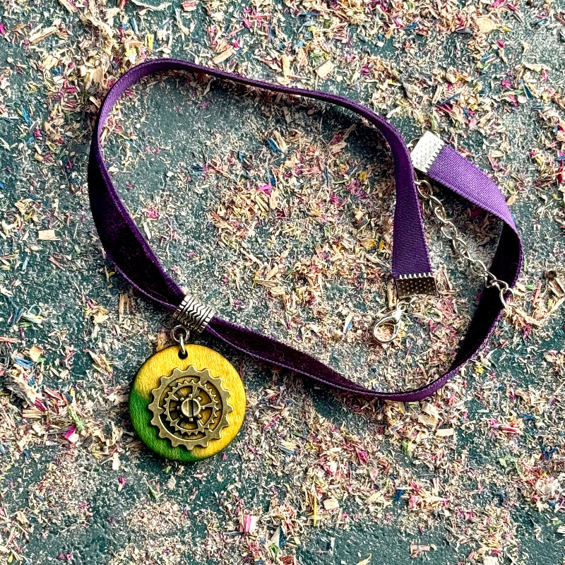 Handmade recycled skateboard Yellow and Green Circle Skateboard Choker — Baltic Dew, made in the UK