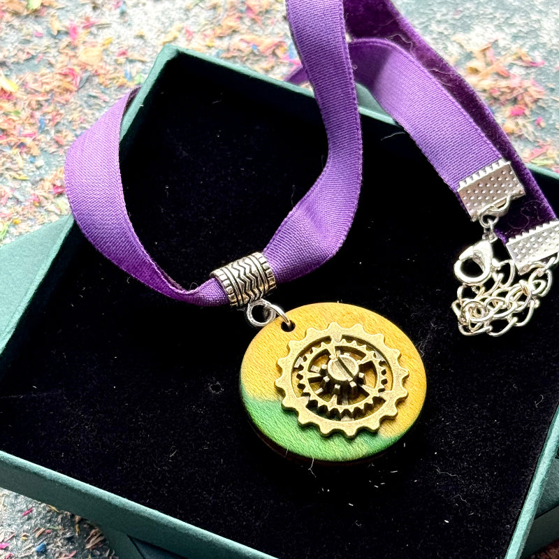 Handmade recycled skateboard Yellow and Green Circle Skateboard Choker — Baltic Dew, made in the UK