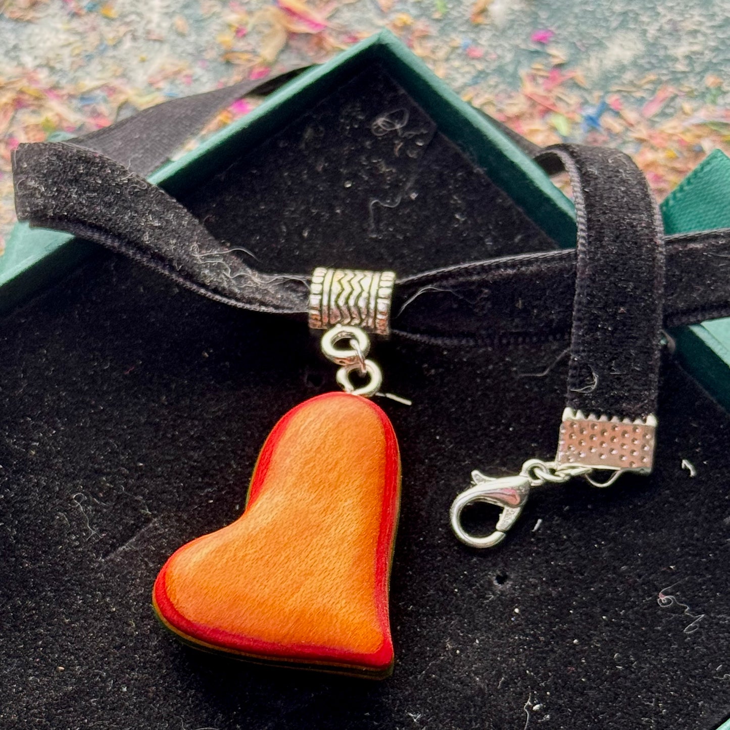 Handmade recycled skateboard Orange and Green Heart Skateboard Choker — Baltic Dew, made in the UK