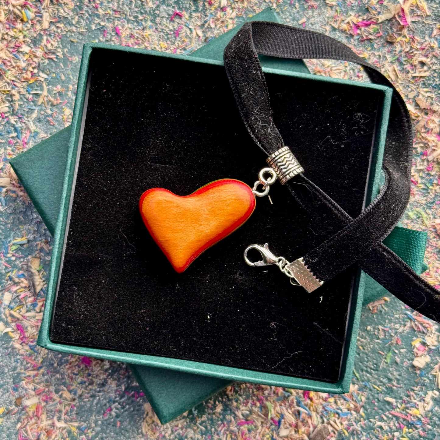 Handmade recycled skateboard Orange and Green Heart Skateboard Choker — Baltic Dew, made in the UK