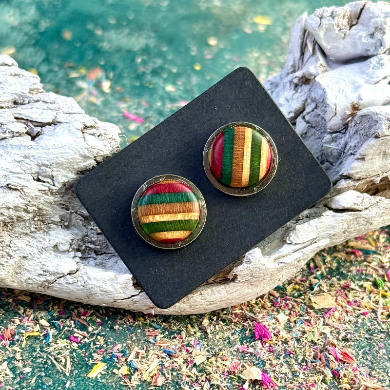 Stud earrings with pink, purple, dark green and teal striped skateboard wood shown on a dark backing card resting on driftwood.