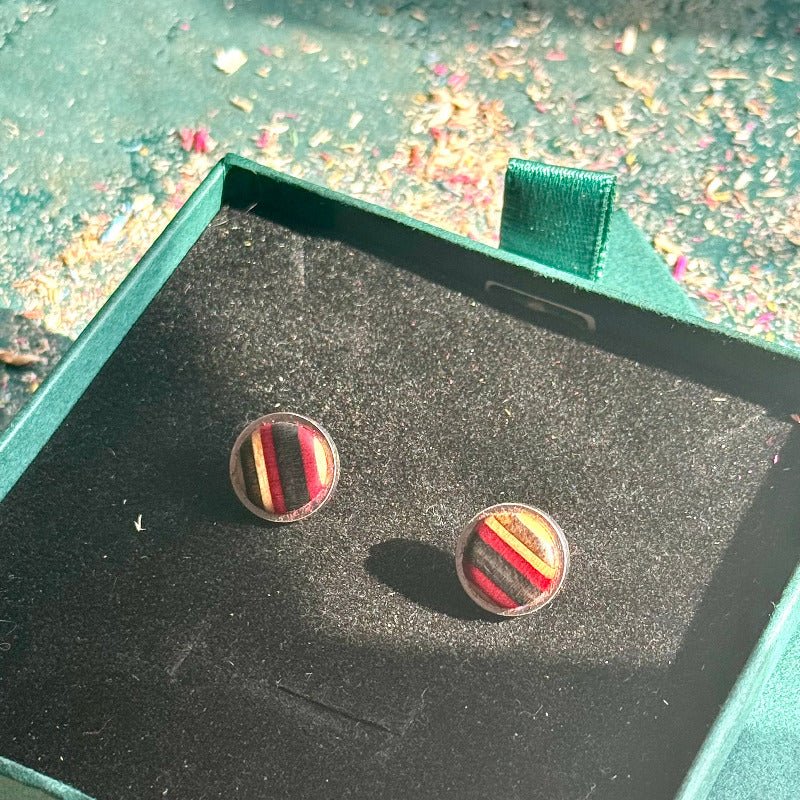 Handmade recycled skateboard Black and Red Stud Earrings — Baltic Dew, made in the UK