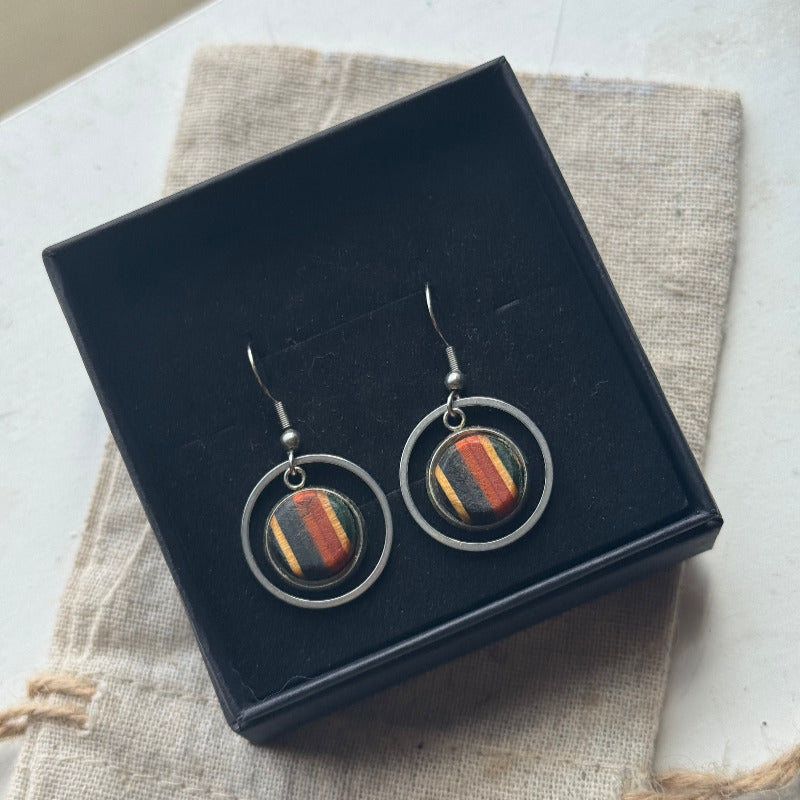 Handmade recycled skateboard Black, Red & Orange Circle Drop Earrings — Baltic Dew, made in the UK