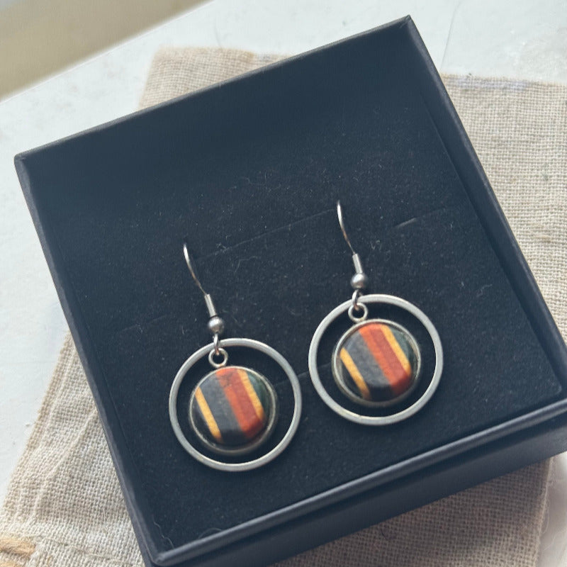 Handmade recycled skateboard Black, Red & Orange Circle Drop Earrings — Baltic Dew, made in the UK