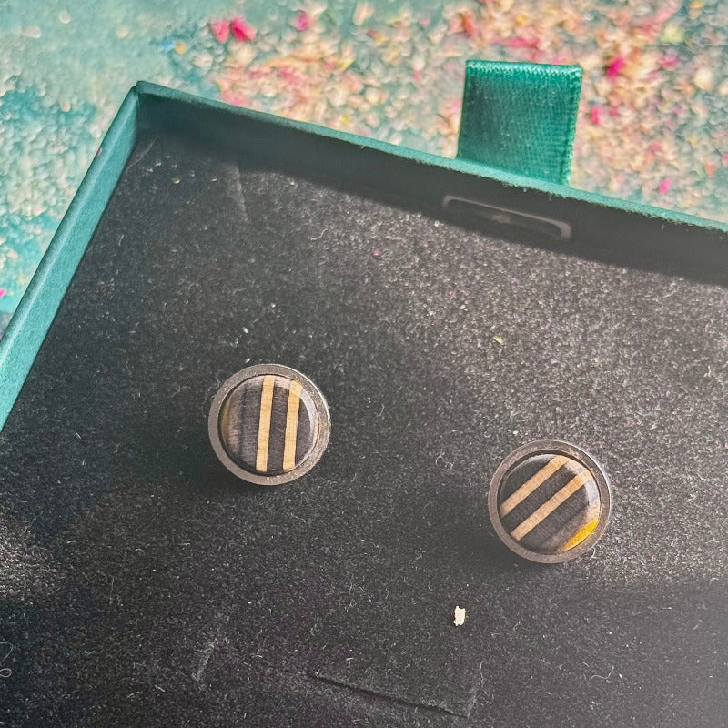 Handmade recycled skateboard Black Stud Earrings — Baltic Dew, made in the UK