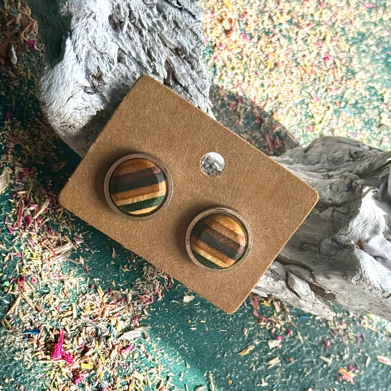 Handmade recycled skateboard Earth Tone Stud Earrings — Baltic Dew, made in the UK