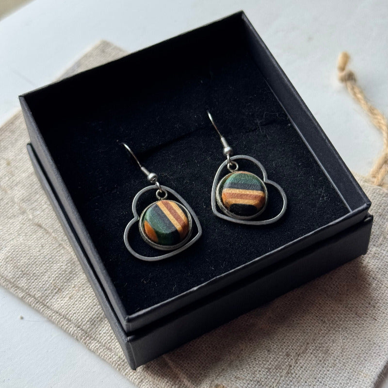 Handmade recycled skateboard Teal & Black Heart Drop Earrings — Baltic Dew, made in the UK