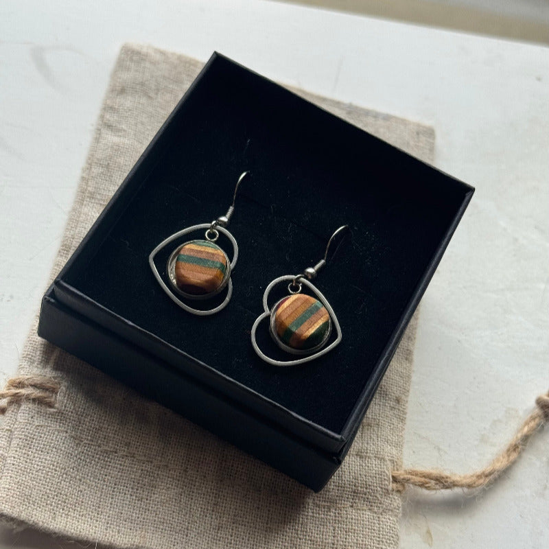 Handmade recycled skateboard Green & Yellow Heart Drop Earrings — Baltic Dew, made in the UK