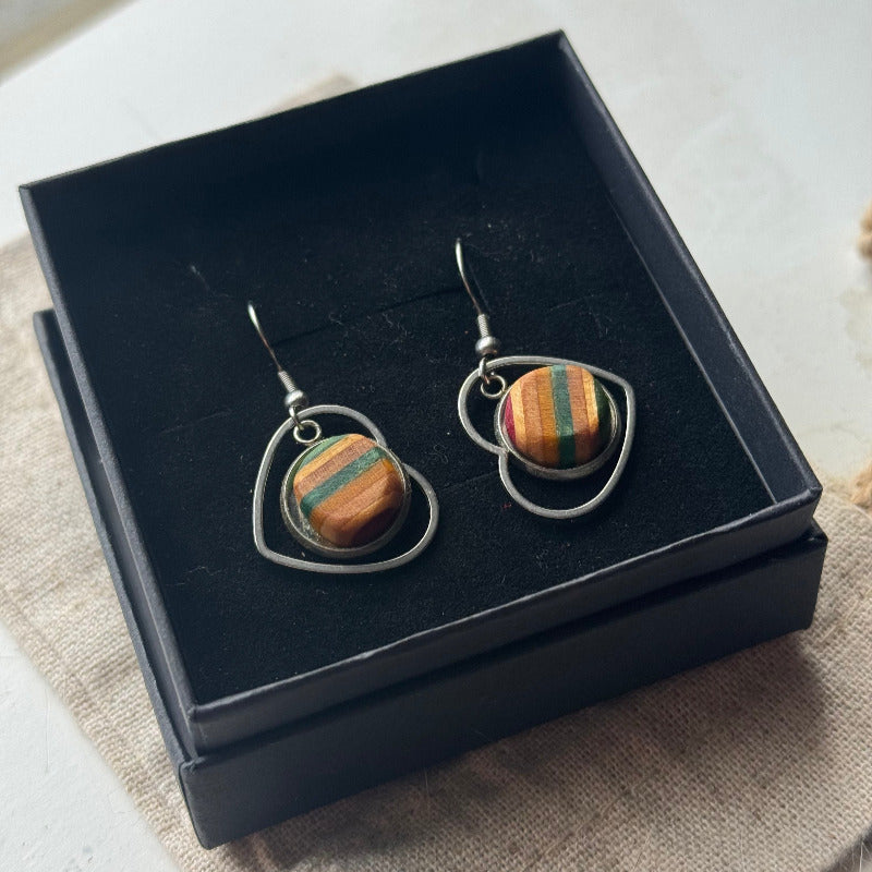 Handmade recycled skateboard Green & Yellow Heart Drop Earrings — Baltic Dew, made in the UK
