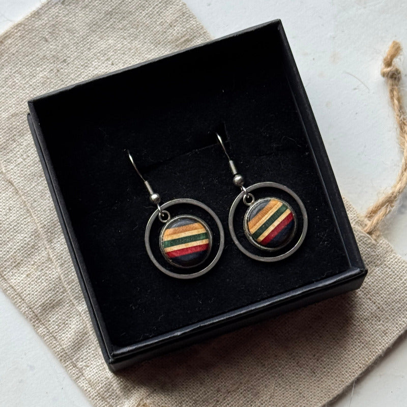 Handmade recycled skateboard Green, Red & Blue Circle Drop Earrings — Baltic Dew, made in the UK