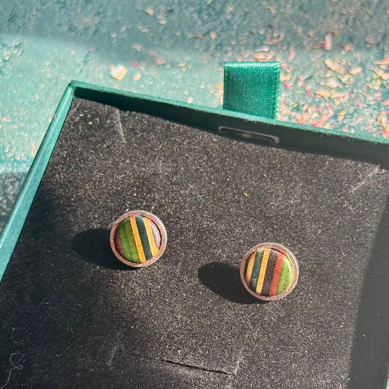 Handmade recycled skateboard Green and Teal Stud Earrings — Baltic Dew, made in the UK