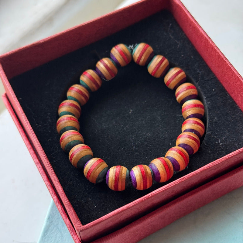 Handmade recycled skateboard Red, Purple & Teal Stripe Bead Bracelet — Baltic Dew, made in the UK