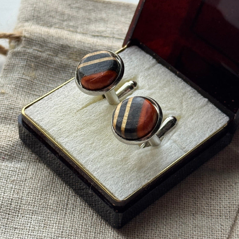 Handmade recycled skateboard Orange, Black & Natural Stripe Skateboard Cufflinks — Baltic Dew, made in the UK