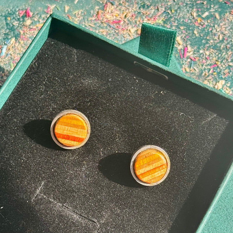Handmade recycled skateboard Yellow and Orange Stud Earrings — Baltic Dew, made in the UK