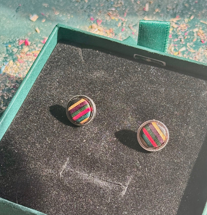 Handmade recycled skateboard Pink, Purple and Teal Stud Earrings — Baltic Dew, made in the UK