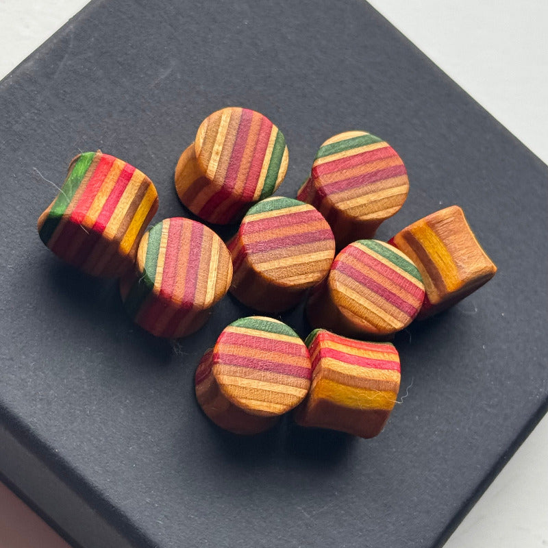 Handmade recycled skateboard Rainbow Stripe Ear Plugs – 12mm — Baltic Dew, made in the UK