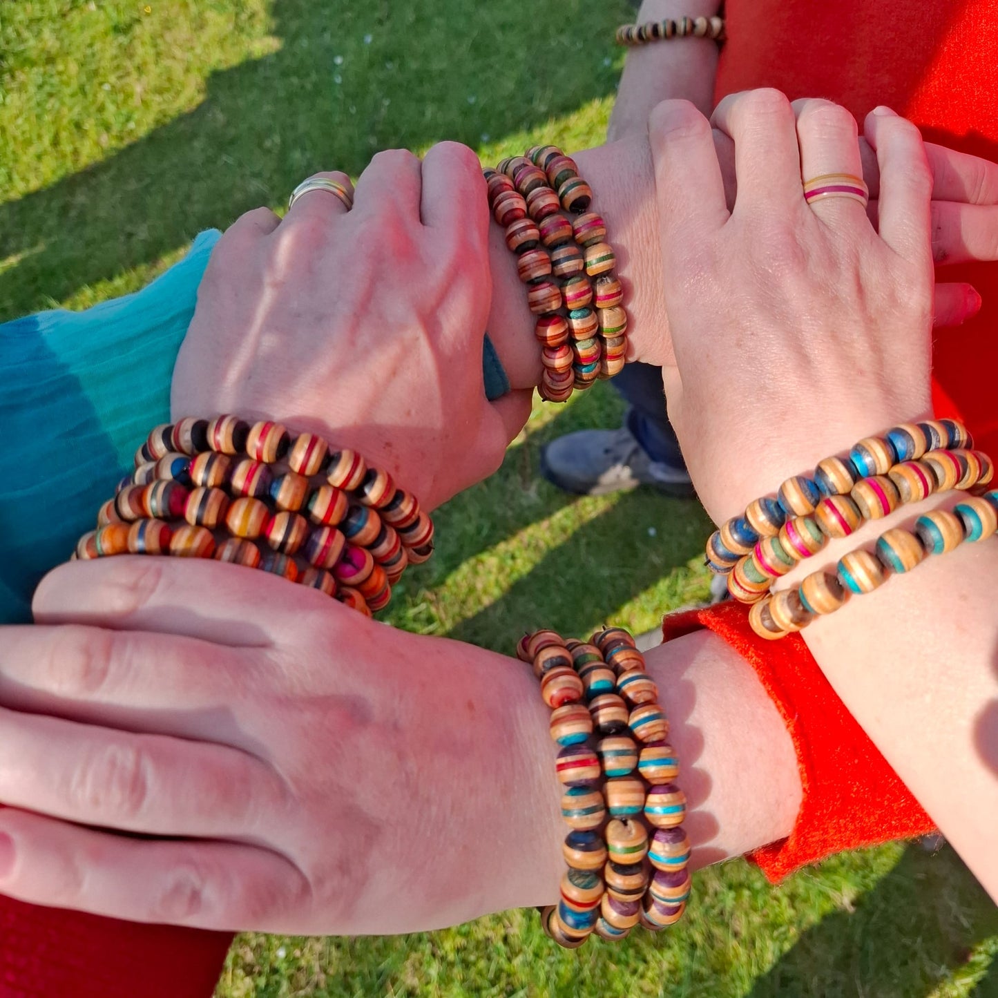 Handmade recycled skateboard Red & Black Stripe Bead Bracelet — Baltic Dew, made in the UK