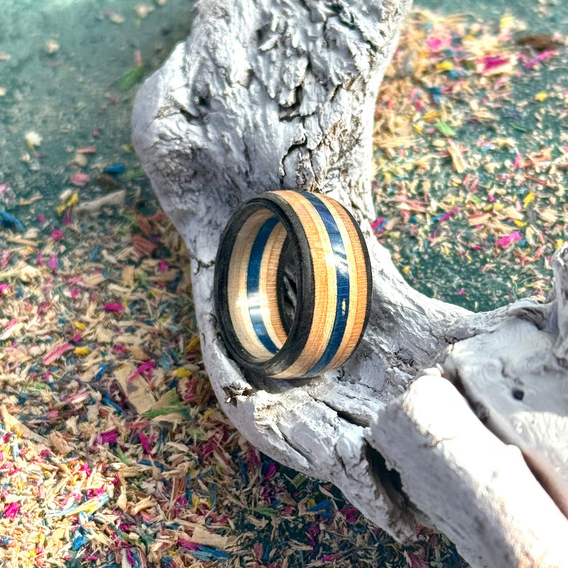 Handmade recycled skateboard Black and Blue Skateboard Ring — Baltic Dew, made in the UK