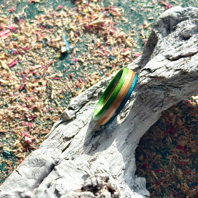 Handmade recycled skateboard Blue and Green Slim Skateboard Ring — Baltic Dew, made in the UK