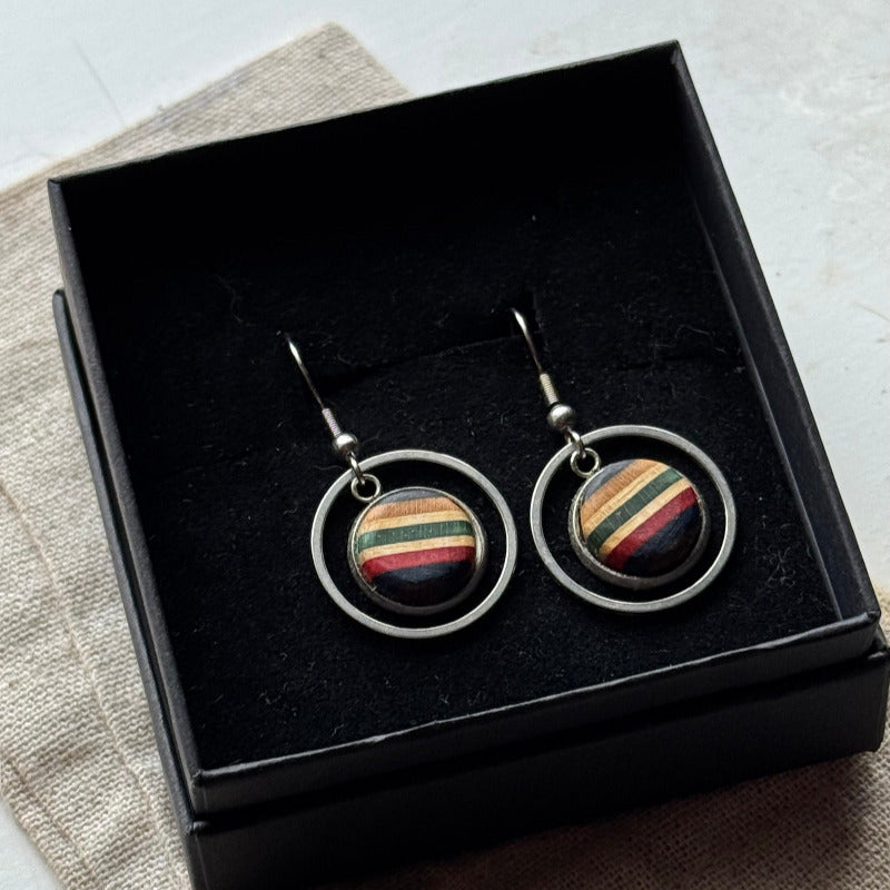 Handmade recycled skateboard Green, Red & Blue Circle Drop Earrings — Baltic Dew, made in the UK