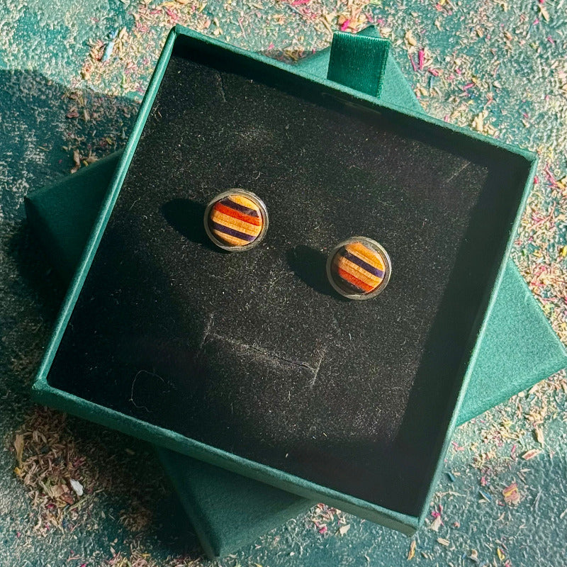 Handmade recycled skateboard Red and Blue Stud Earrings — Baltic Dew, made in the UK