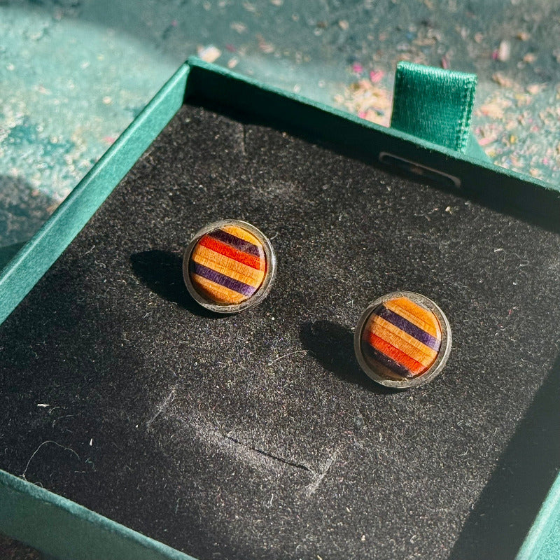Handmade recycled skateboard Red and Blue Stud Earrings — Baltic Dew, made in the UK