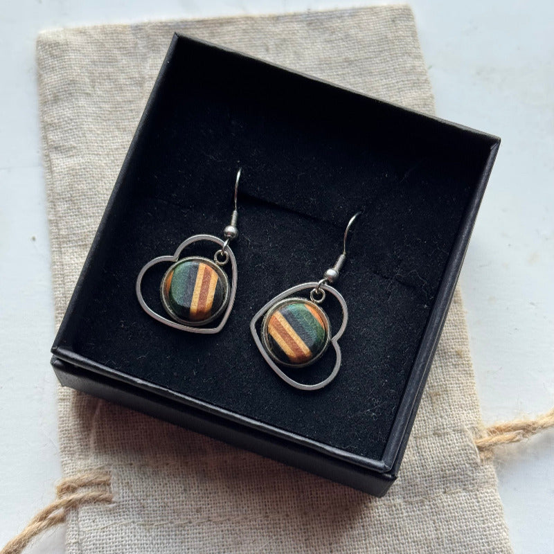 Handmade recycled skateboard Teal & Black Heart Drop Earrings — Baltic Dew, made in the UK