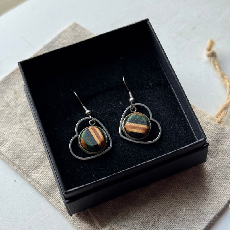Handmade recycled skateboard Teal & Black Heart Drop Earrings — Baltic Dew, made in the UK