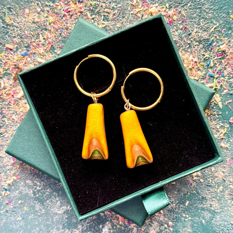 Handmade recycled skateboard Yellow & Green Hoop Earrings — Baltic Dew, made in the UK