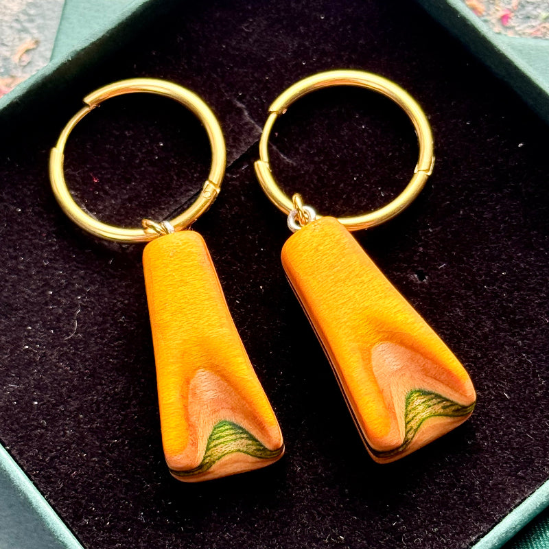 Handmade recycled skateboard Yellow & Green Hoop Earrings — Baltic Dew, made in the UK