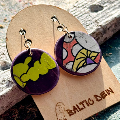 Purple and green recycled skateboard wood drop earrings with mushroom and cloud shapes from the deck