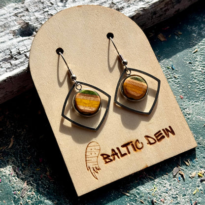 Square drop earrings with yellow recycled skateboard wood inlays and stainless steel hooks.