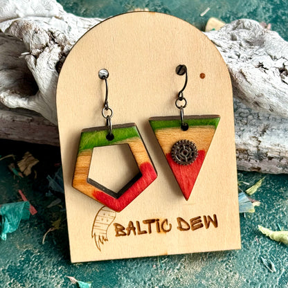 Green and red recycled skateboard earrings, pentagon and triangle on black steel hooks